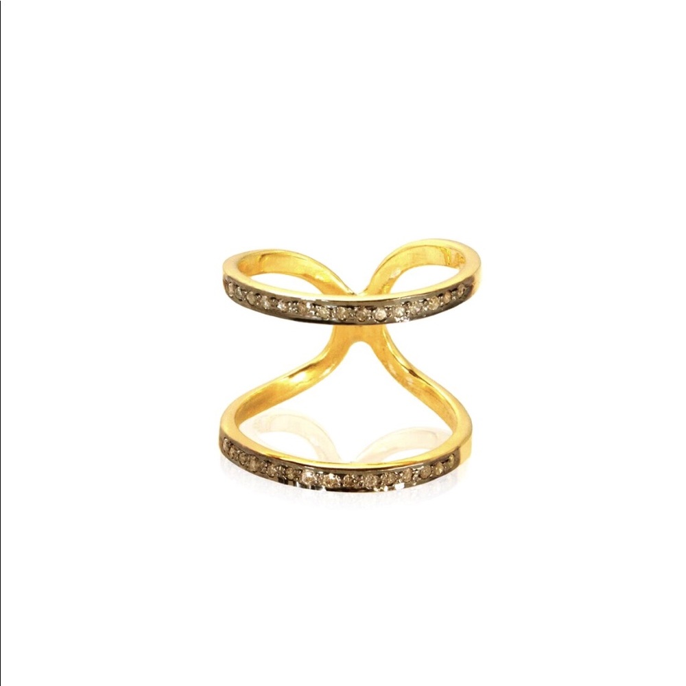 14k gold plated pavè double bar diamond ring